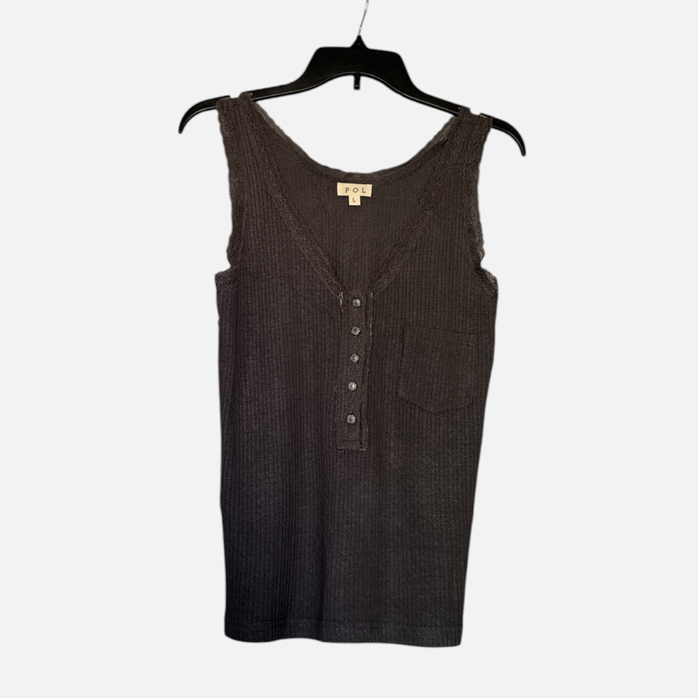 Women's New POL Gray Ribbed Lace Trim Henley Tank Top L - Picture 4 of 8